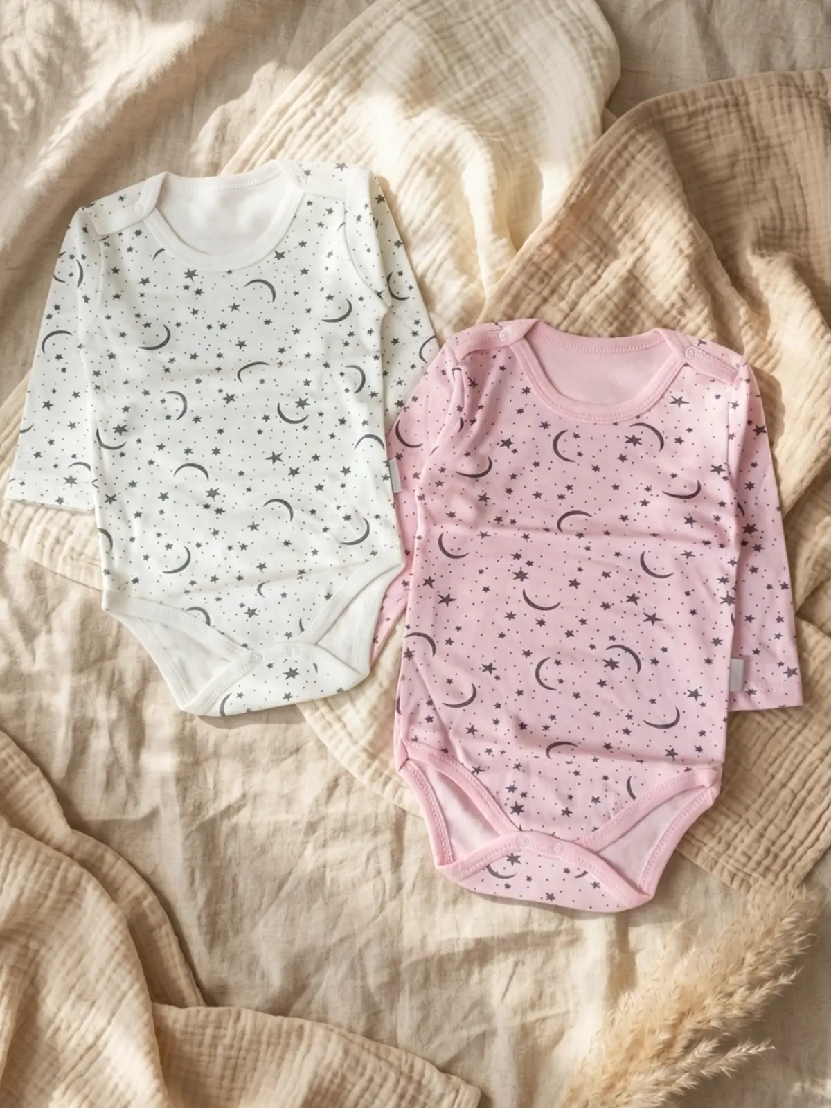 2li Nova Luna Ay Yıldız Desenli Uzun Kollu Bebek Body Seti - %100 Pamuklu Yumuşak Dokulu Antialerjik Bebek Zıbın Takımı (Pembe & Beyaz)