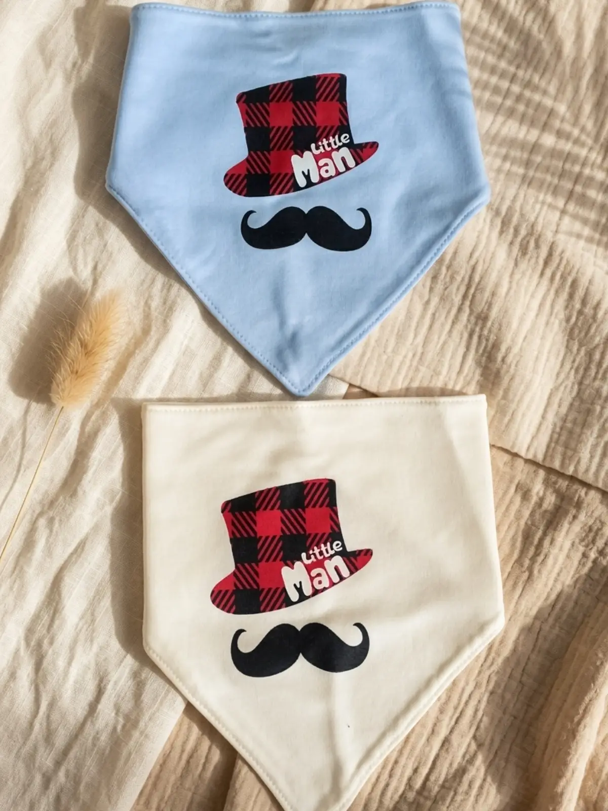 Little Man Baskılı 2li Erkek Bebek Bandana Fular Seti - %100 Yumuşak Pamuk, Mavi ve Krem Kombinli
