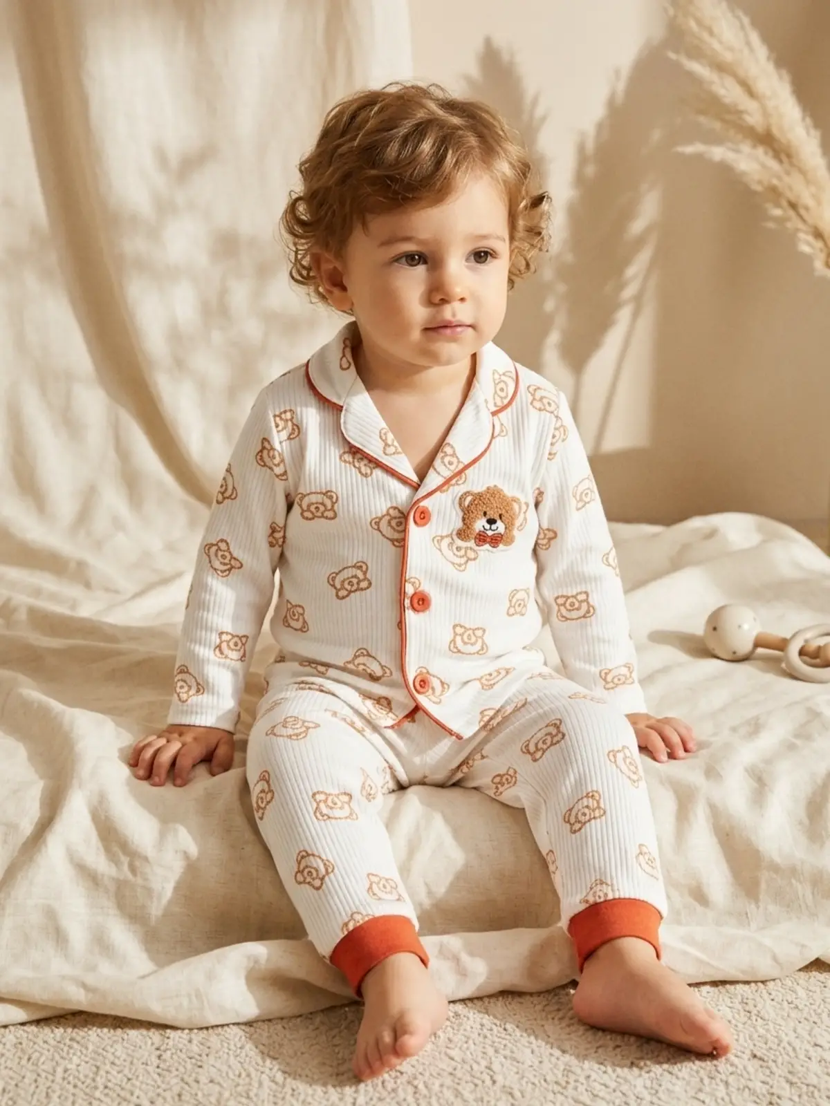Milo Bear Bebek ve Çocuk Fitilli Pijama Takımı - Kırmızı Biyeli Ayıcık Baskılı Pamuklu Kaşkorse Takım