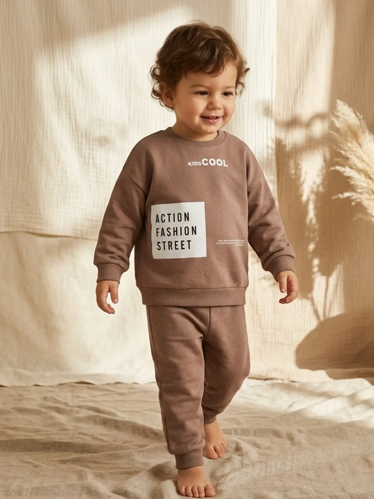 Action Street Çocuk Unisex Kahverengi Pamuklu Oversize Sweatshirt ve Jogger Eşofman Takımı