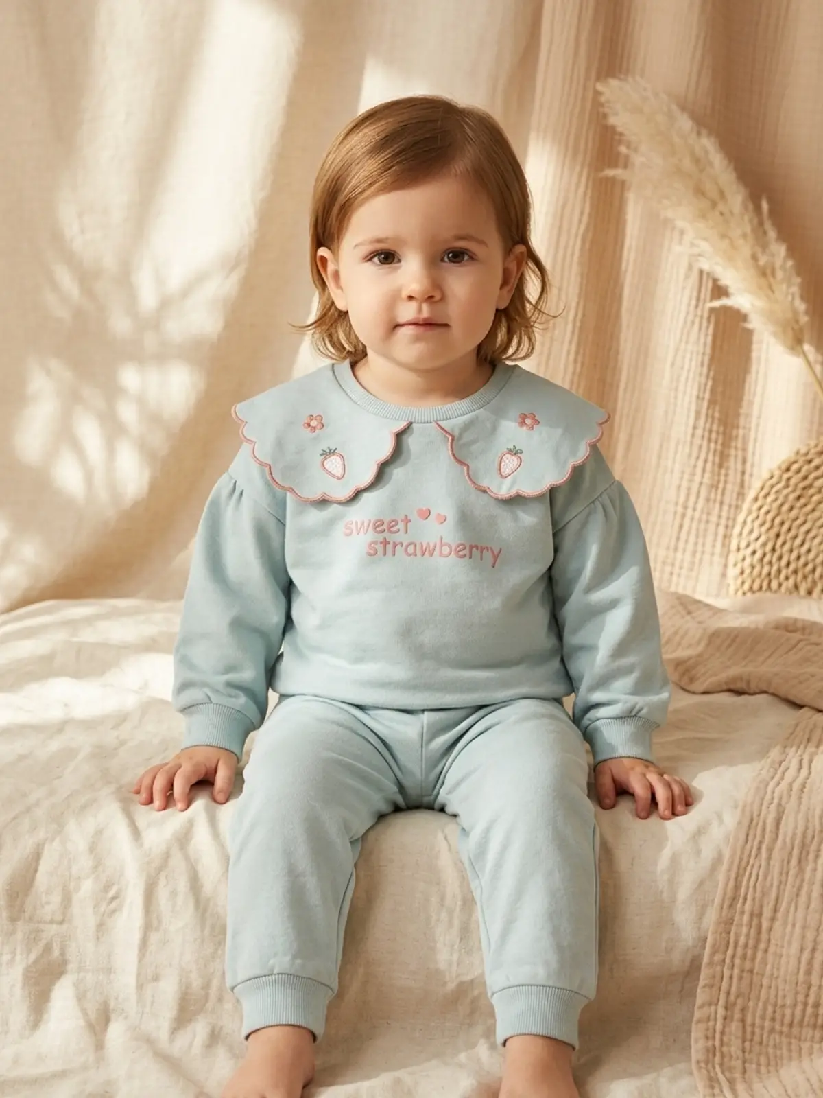 Kız Çocuk Mint Yeşili Çilek Nakışlı Bebe Yaka Sweatshirt ve Eşofman Altı Premium Pamuklu İkili Takım