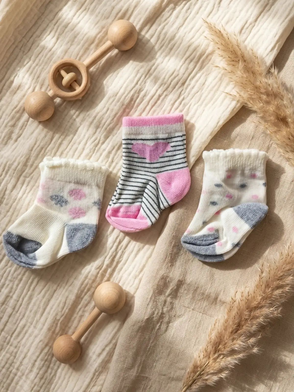Luvy Soft 3lü Paket Pamuklu 0-6 Ay Kız Bebek Çorap Seti - Kalp ve Çizgili Desenli Antialerjik Yumuşak Doku