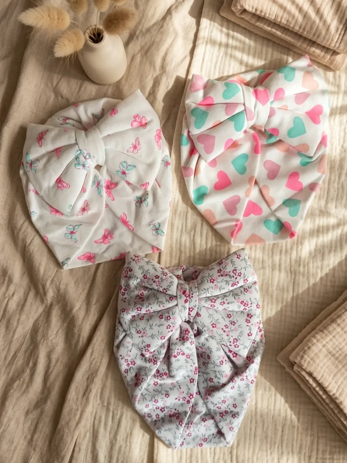 Mia Bloom 3lü Pamuklu Bebek Bone Seti - Esnek Fiyonklu Kelebek, Kalp ve Çiçek Desenli Bebek Bone Takımı
