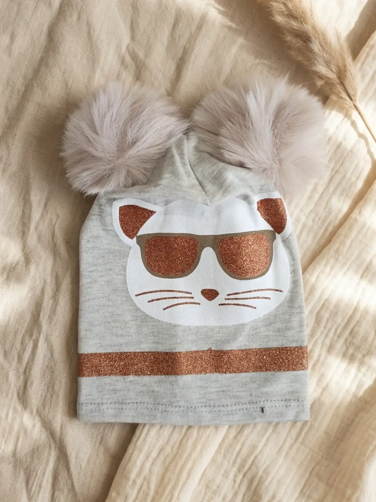 Mia Cool Cat Gri Sim Detaylı Çift Peluş 0-6 Ay Ponponlu Bebek ve Çocuk Beresi - Yumuşak Pamuklu Mevsimlik Şapka