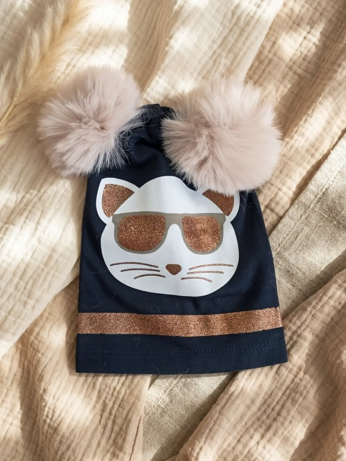 Mia Cool Cat Siyah Sim Detaylı Çift Peluş 0-6 Ay Ponponlu Bebek ve Çocuk Beresi - Yumuşak Pamuklu Mevsimlik Şapka