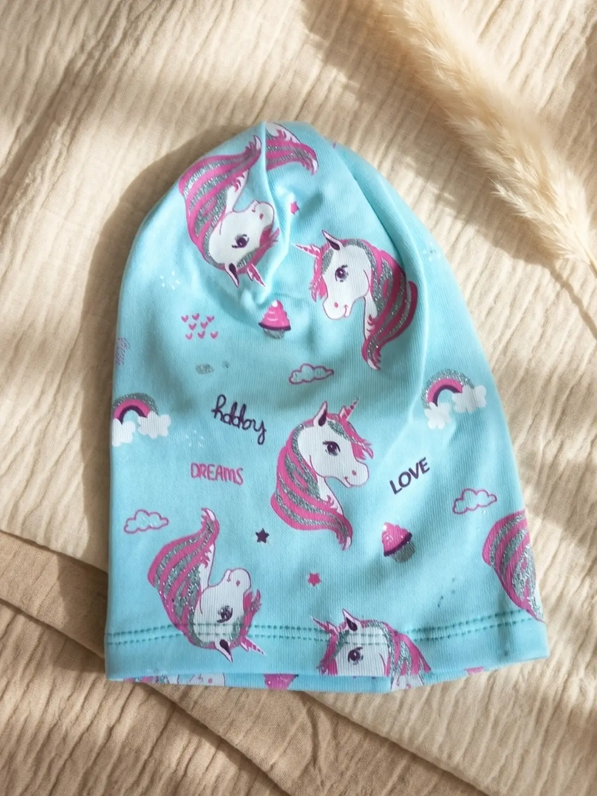 Kız Çocuk Mavi Unicorn Desenli Pamuklu Esnek Penye Bere - Gümüş Sim Detaylı Mevsimlik Çocuk Şapkası