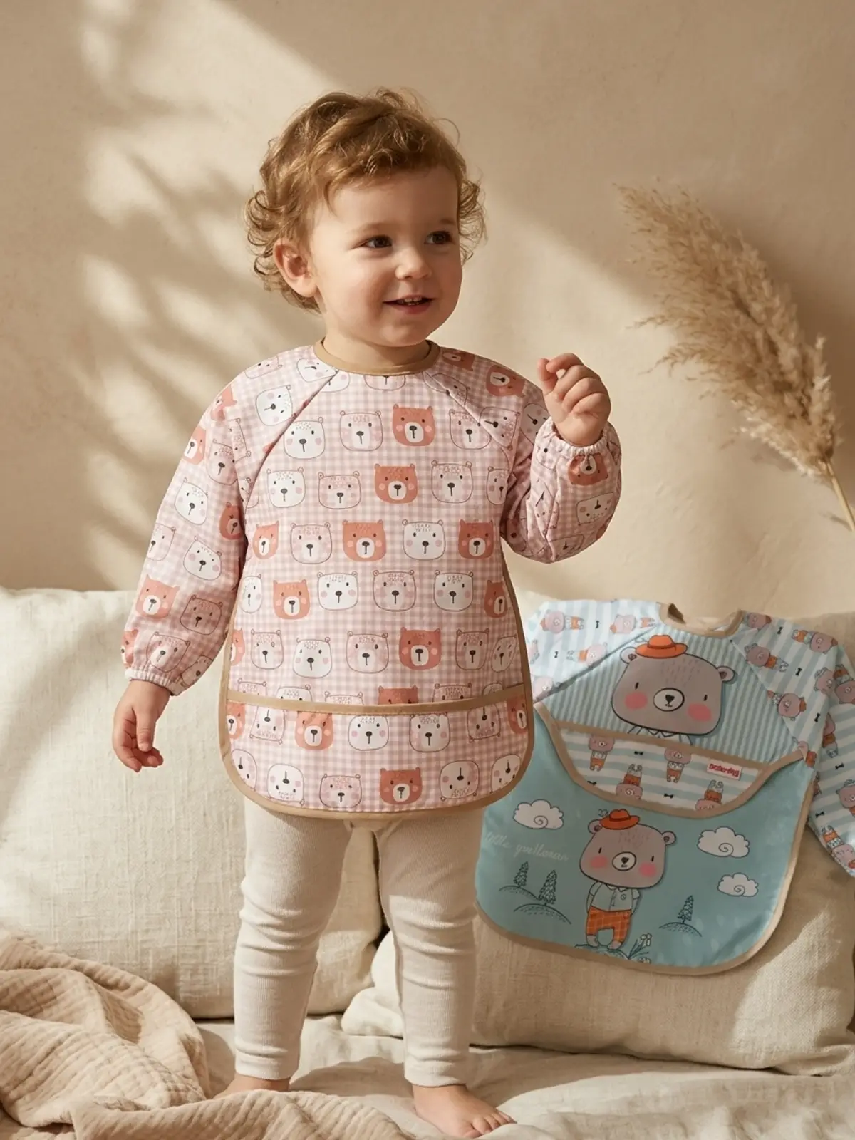 Teddy Guard Sıvı Geçirmez Uzun Kollu Bebek Mama Önlüğü 2li Set - 6-24 Ay Leke Tutmaz BLW Uyumlu Ayıcık Desenli Mama Önlüğü