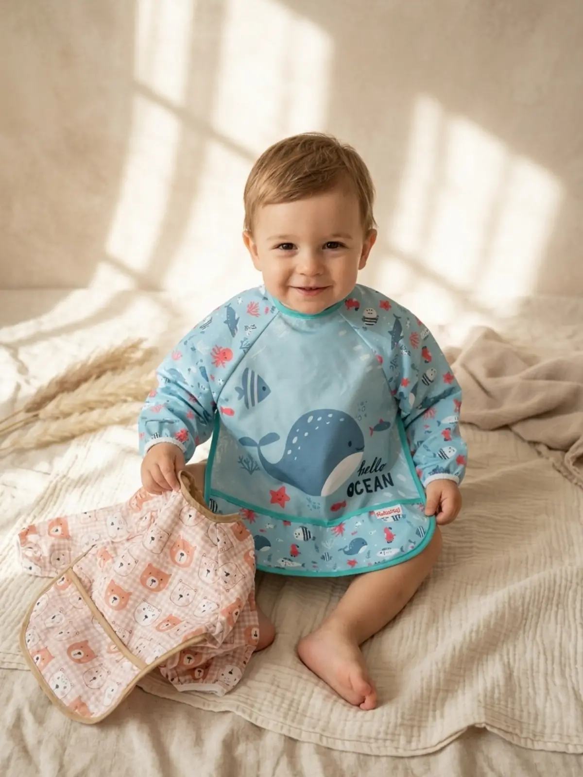 TinyJoy Su Geçirmez Uzun Kollu Mama Önlüğü Seti 6-24 Ay - 2li Paket Ayıcık ve Balina Desenli Leke Tutmaz BLW Önlüğü