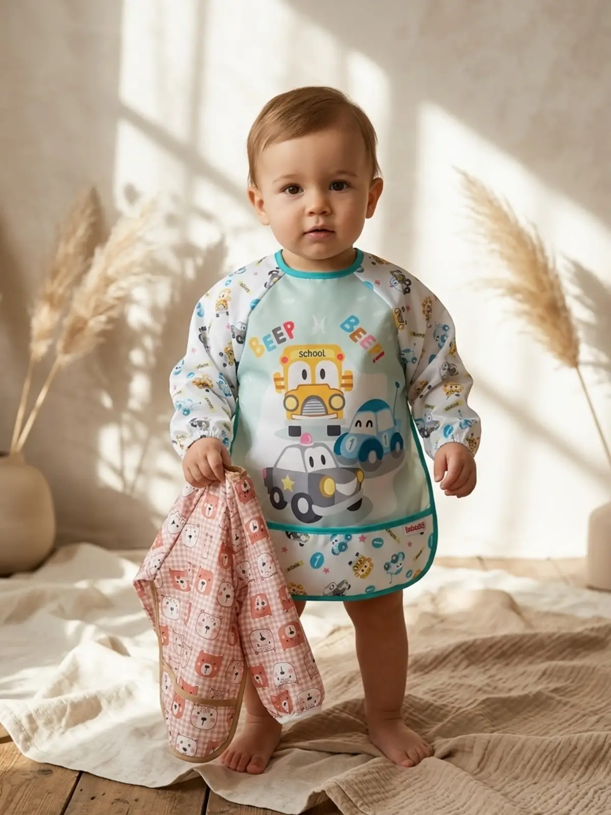 TinyGuard Su Geçirmez Uzun Kollu Bebek Mama ve Aktivite Önlüğü 6-24 Ay - 2li Set Bear & Traffic Serisi Leke Tutmaz BLW Önlüğü