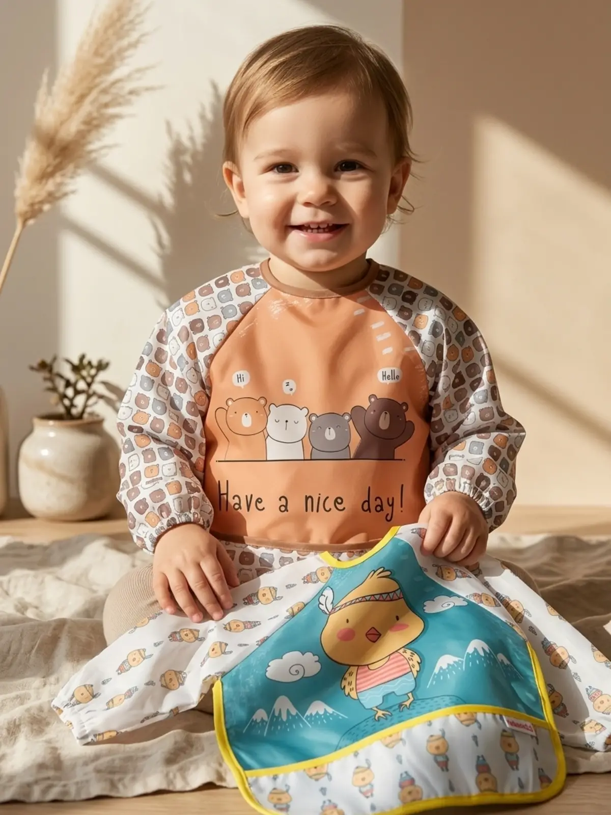 Uzun Kollu Su Geçirmez Bebek Mama Önlüğü 2li Set -6-24 Ay BLW Uyumlu, Leke Tutmaz, Ayıcık ve Civciv Temalı Aktivite Önlüğü