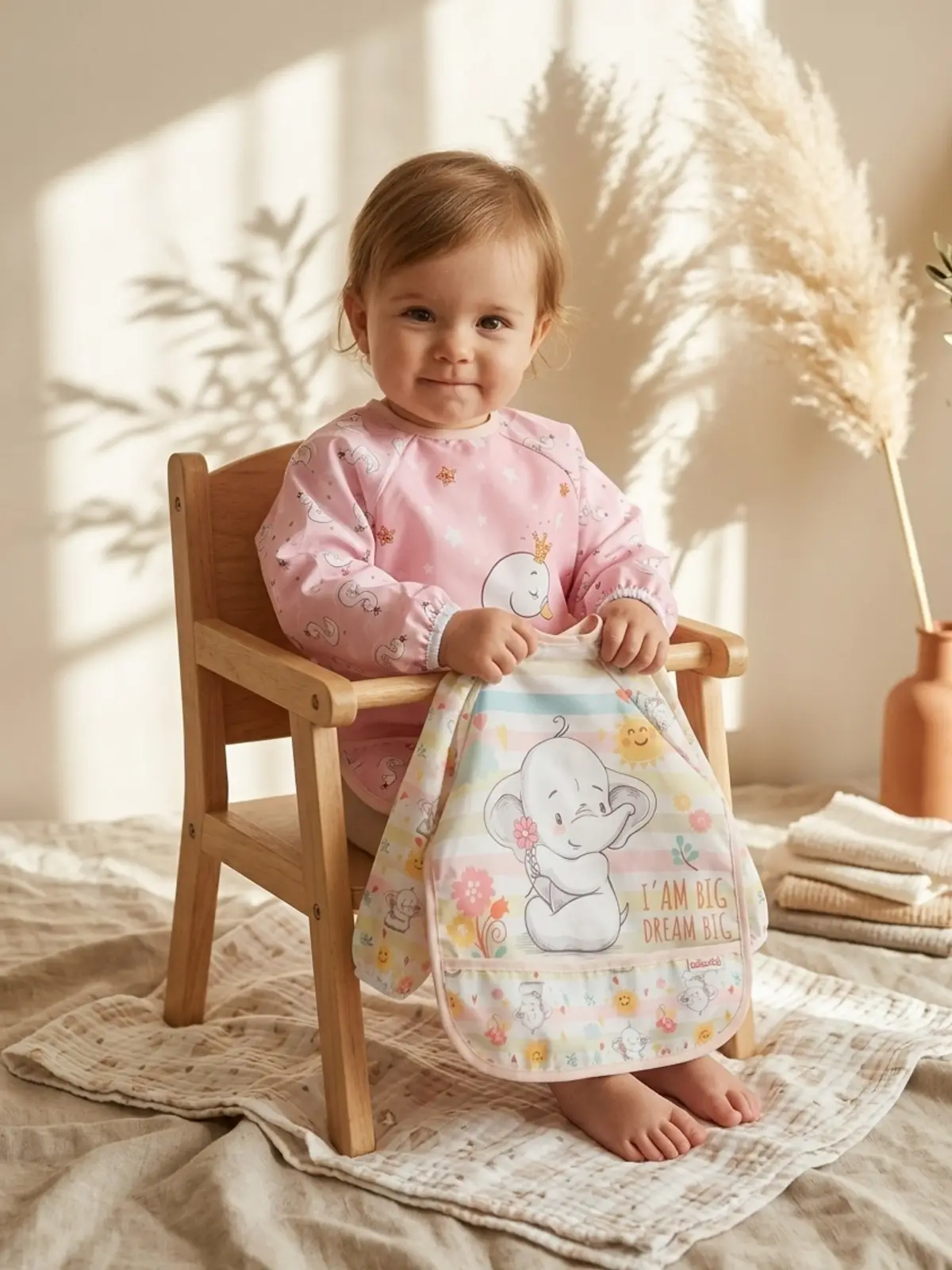 2li Paket Sıvı Geçirmez Uzun Kollu Mama Önlüğü 6-24 Ay - BLW Uyumlu Leke Tutmaz Kırıntı Cepli Bebek Önlüğü Kuğu Pembe Fil Desenli