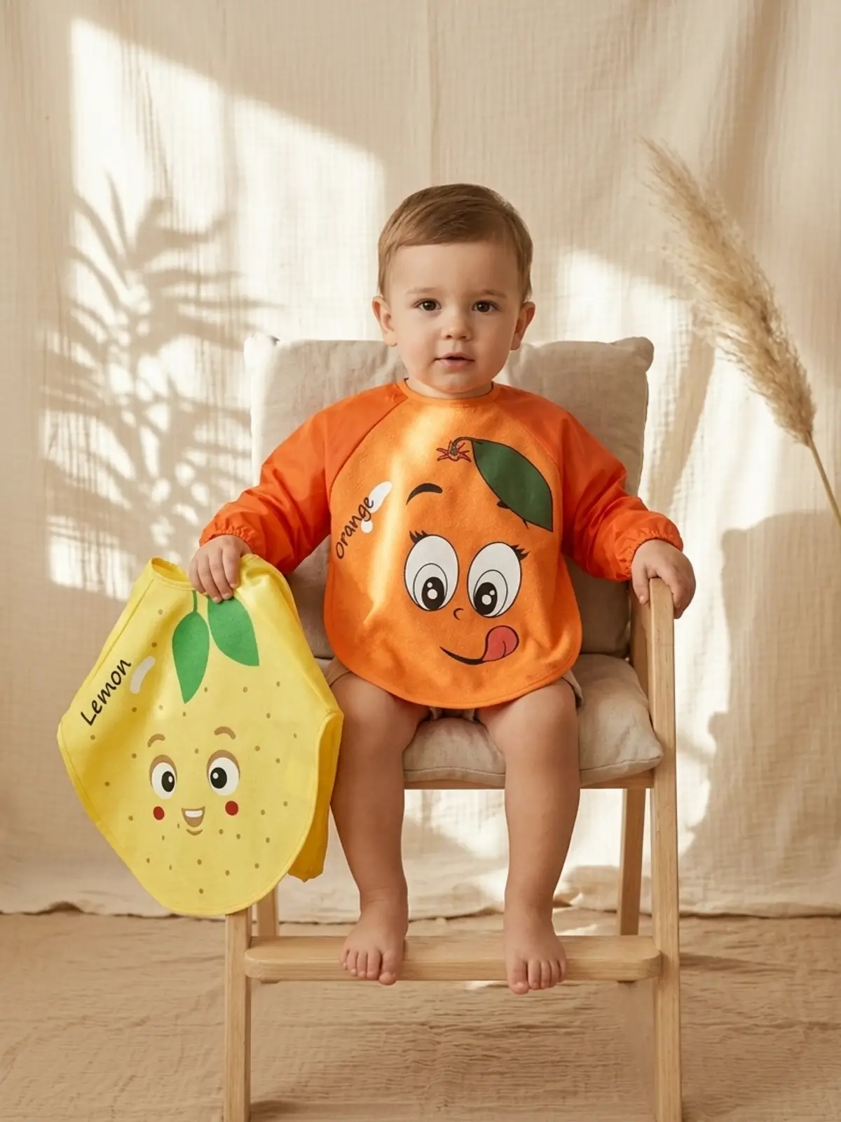 Sıvı Geçirmez Uzun Kollu Bebek Mama Önlüğü - 2li Set 6-24 Ay Limon ve Portakal Desenli BLW Uyumlu Yemek Önlüğü