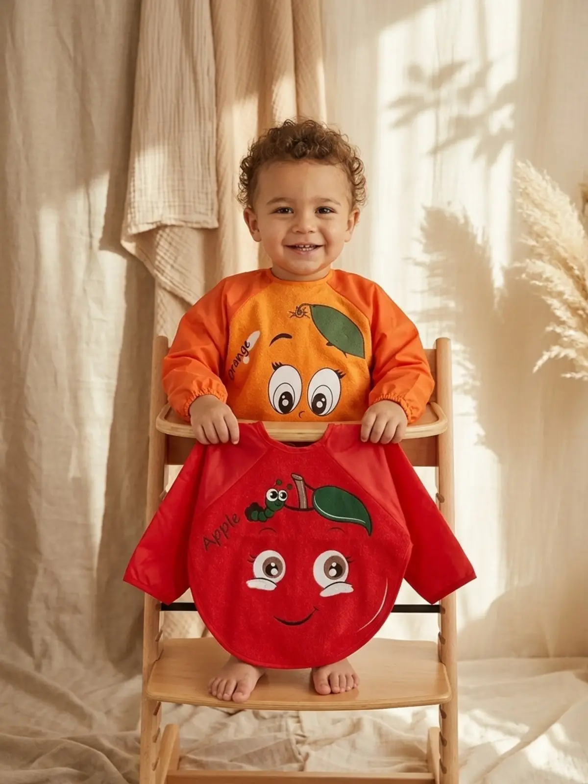 Sıvı Geçirmez Uzun Kollu Bebek Mama Önlüğü - 2li Set 6-24 Ay Elma ve Portakal Desenli BLW Uyumlu Yemek Önlüğü