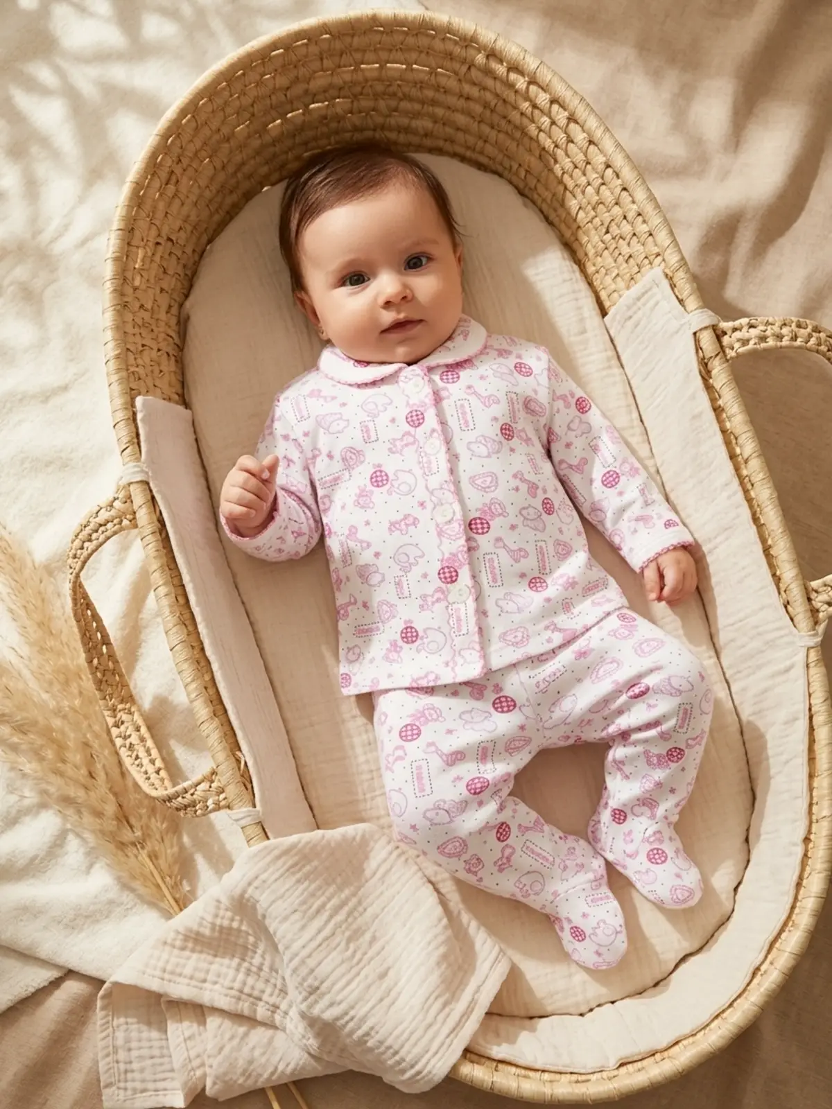 Mila Soft Safari Pembe Hayvan Figürlü %100 Pamuklu Patikli Bebek Pijama Takımı - Yumuşak Dokulu 2li Set