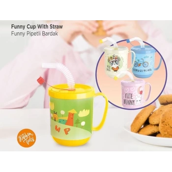 3 Adet Pipetli Çocuk Içecek Bardağı Desenli Bardak 350ml