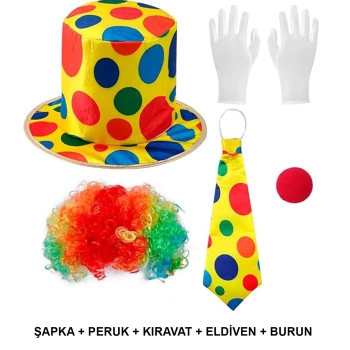 Renkli Palyaço Kostüm Seti – 5 Parça Aksesuar (şapka, Peruk, Kravat, Eldiven, Burun)