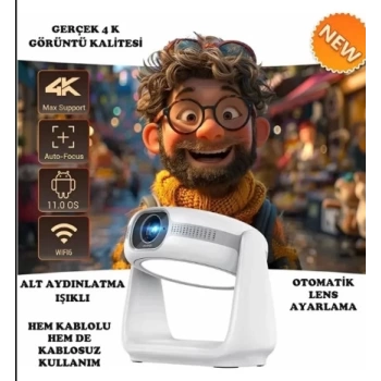 Taşınabilir Şarjlı Sinema Projektörü 4k Şarjlı Bluetooth Android Akıllı Hoparlörlü Işıklı Gerçek 4k