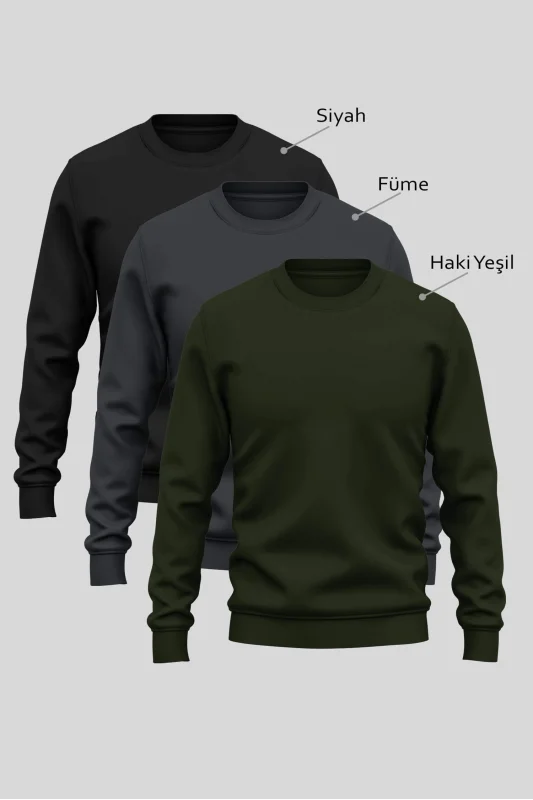 3lü Sweatshirt Siyah/Füme/Haki Yeşil