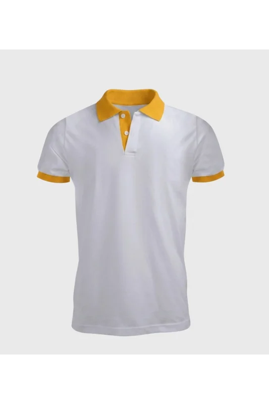 Beyaz Polo Yaka T-Shirt Sarı Yakalı Çift Renkli
