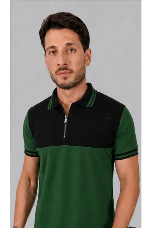 Velocity Model Fermuarlı Polo Yaka Tişört YeşilSiyah