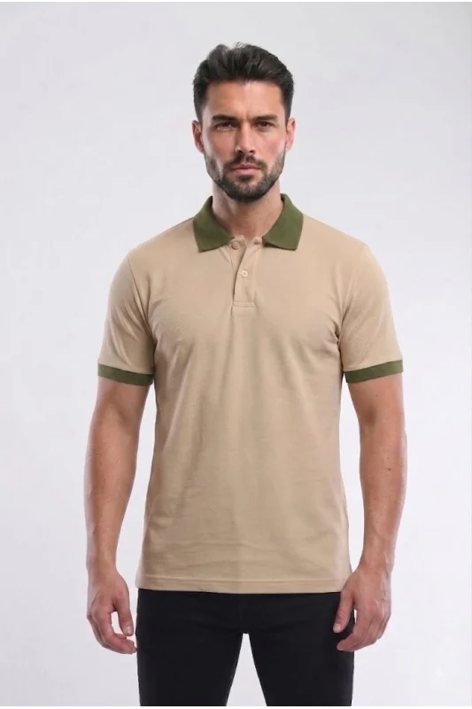 Bej Polo Yaka T-Shirt Haki Yakalı Çift Renkli