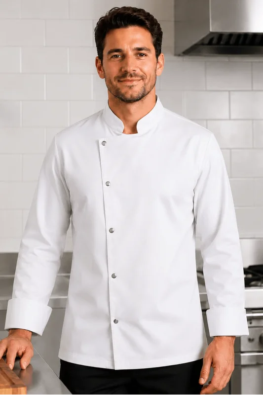 Beyaz Gabardin Şef Önlüğü Klasik Model Taş Çıtçıtlı