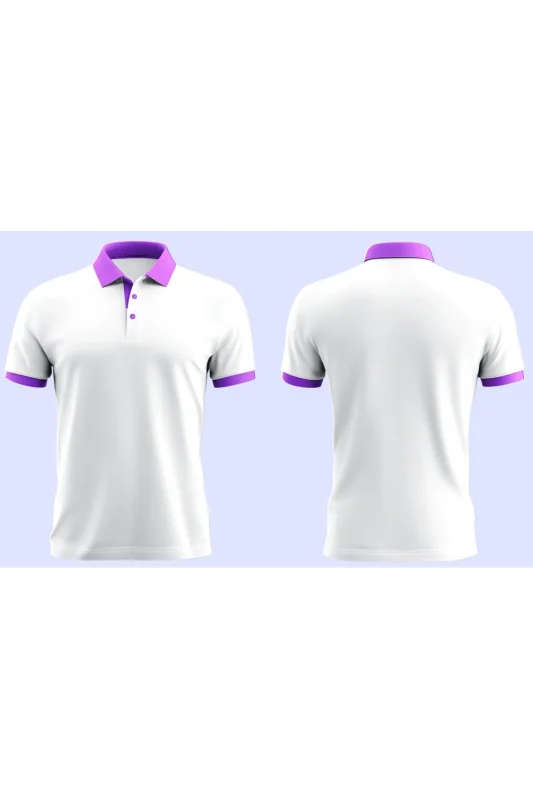 Beyaz Polo Yaka T-Shirt Kol Ucu ve Lila