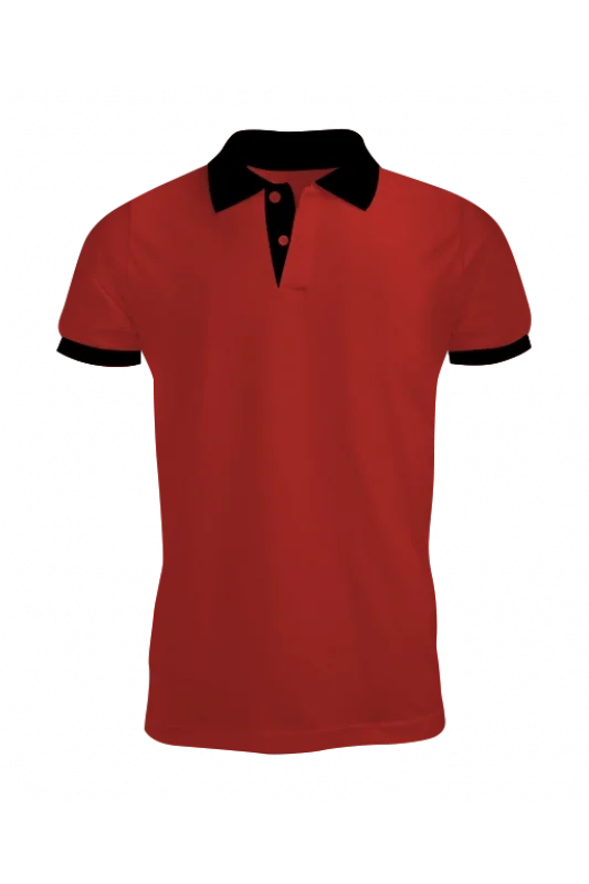 Kırmızı Polo Yaka Tişört Siyah Yakalı Çift Renkli