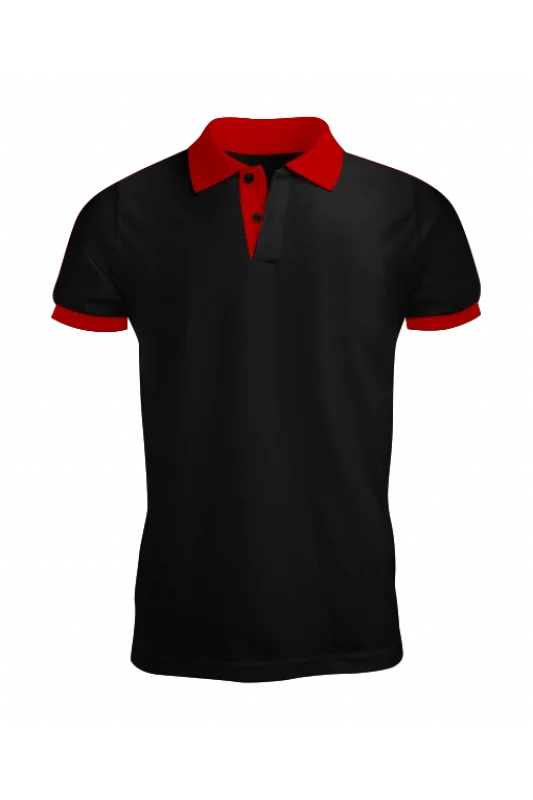 Siyah Polo Yaka Tişört Kırmızı Yakalı Çift Renkli
