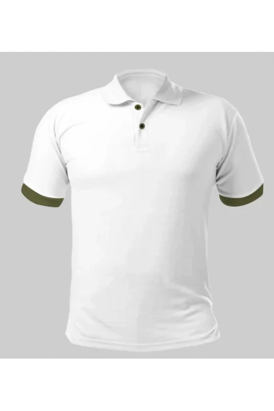 Beyaz Polo Yaka Tişört Kol Ucu Haki