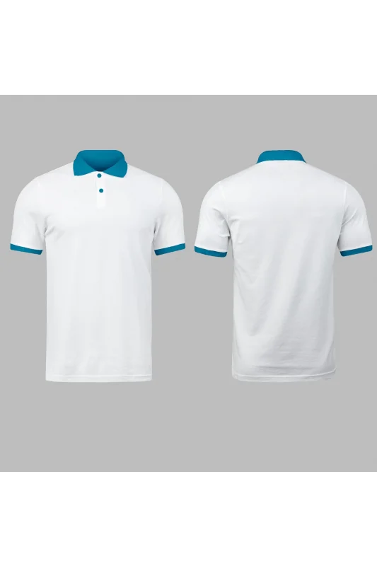Beyaz Polo Yaka Tişört Turkuaz Yakalı Çift Renkli