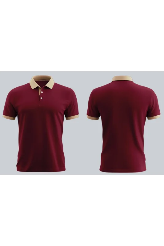 Bordo Polo Yaka T-Shirt bej Yaka ve Kol Bandı