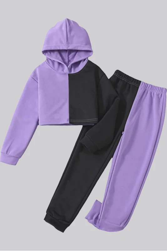 Lila Siyah Kız Çocuğu Crop Hoodie ve Eşofman Altı