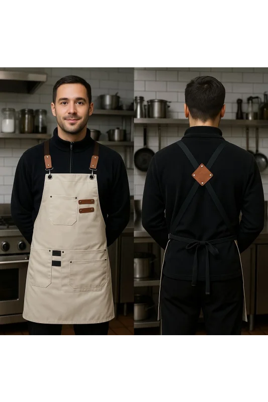 Deri Askılı Bej Kumaş Barista - Şef Önlüğü – Unisex, Cepli