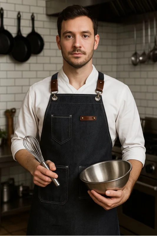 Deri Askılı Siyah Kot Kumaş Barista - Şef Önlüğü – Unisex, Cepli
