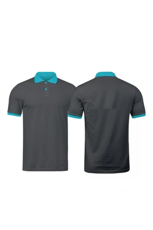Füme Polo Yaka Tişört Turkuaz Yakalı Çift Renkli