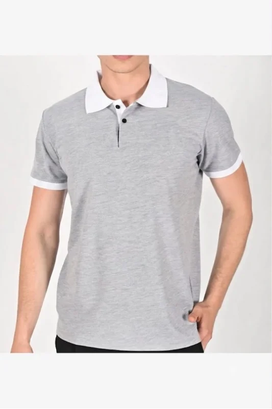 Gri Polo Yaka T-Shirt Beyaz Yakalı Çift Renkli