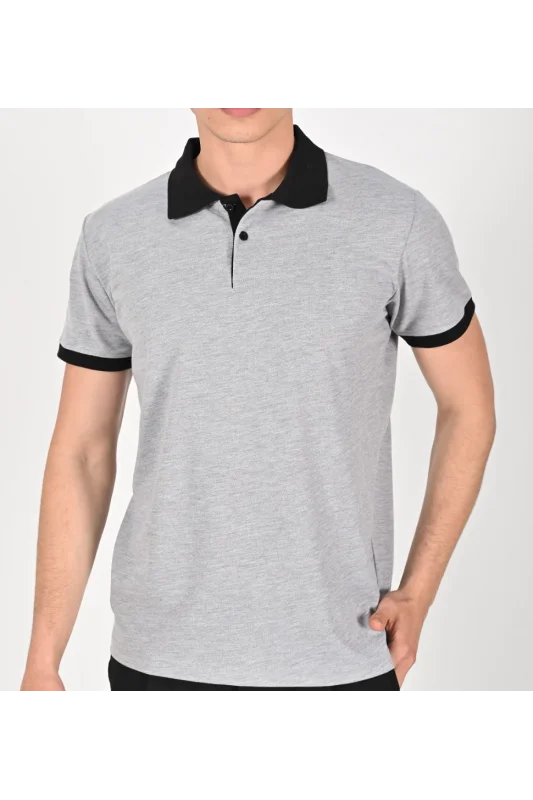 Gri Polo Yaka Tişört Siyah Yakalı Çift Renkli