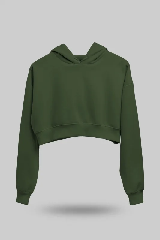Haki Yeşili Kadın Crop Hoodie Kapüşonlu Sweatshirt