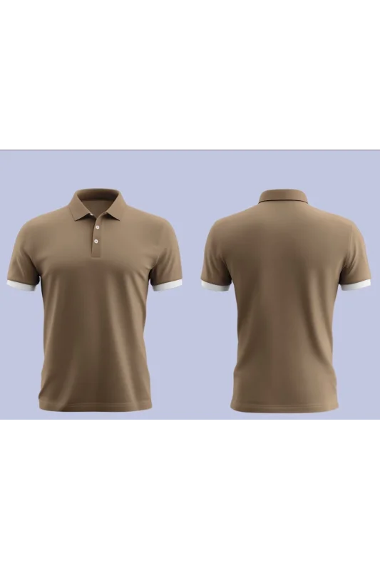 Kahverengi Polo Yaka T-Shirt Beyaz Yakalı Çift Renkli