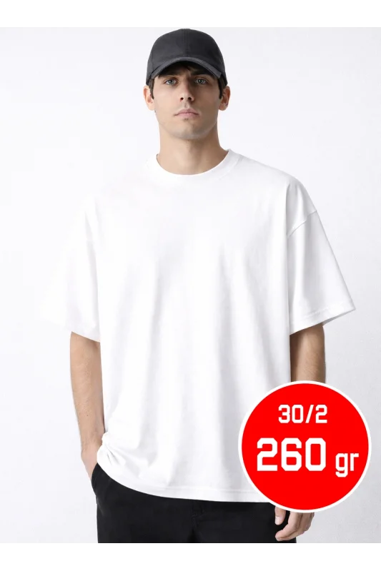 Kalın Gramajlı Oversize Tişört BEYAZ 30-2 Compact Penye 260 gr