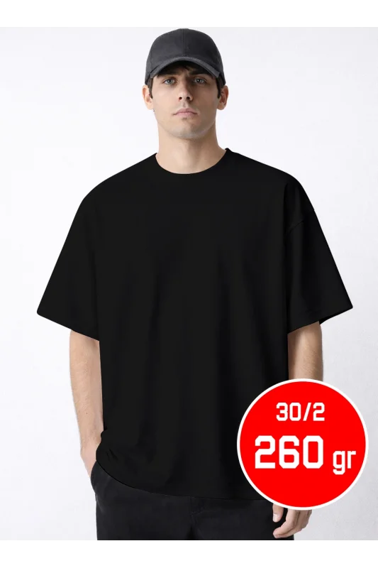 Kalın Gramajlı Oversize Tişört Siyah 30-2 Compact Penye 260 gr