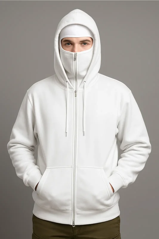 Kar Maskeli Kışlık Fermuarlı Kapşonlu Beyaz Sweatshirt