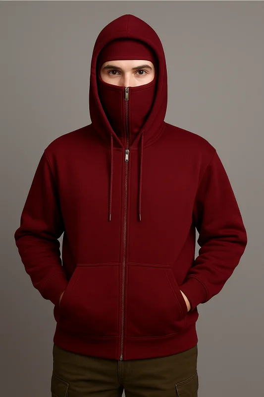 Kar Maskeli Kışlık Fermuarlı Kapşonlu Bordo Sweatshirt