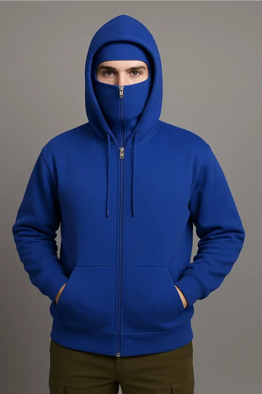 Kar Maskeli Kışlık Fermuarlı Kapşonlu Sax Mavisi Sweatshirt