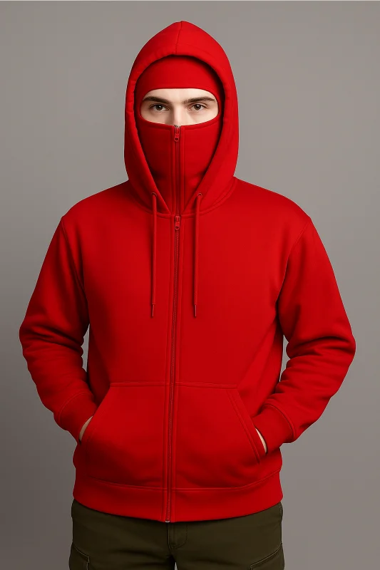 Kar Maskeli Kışlık Fermuarlı Kapşonlu Kırmızı Sweatshirt
