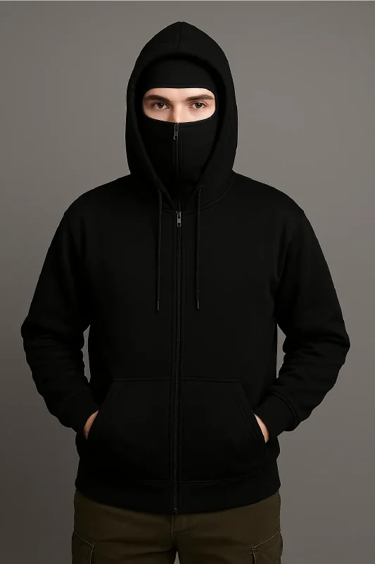 Kar Maskeli Kışlık Fermuarlı Kapşonlu Siyah Sweatshirt