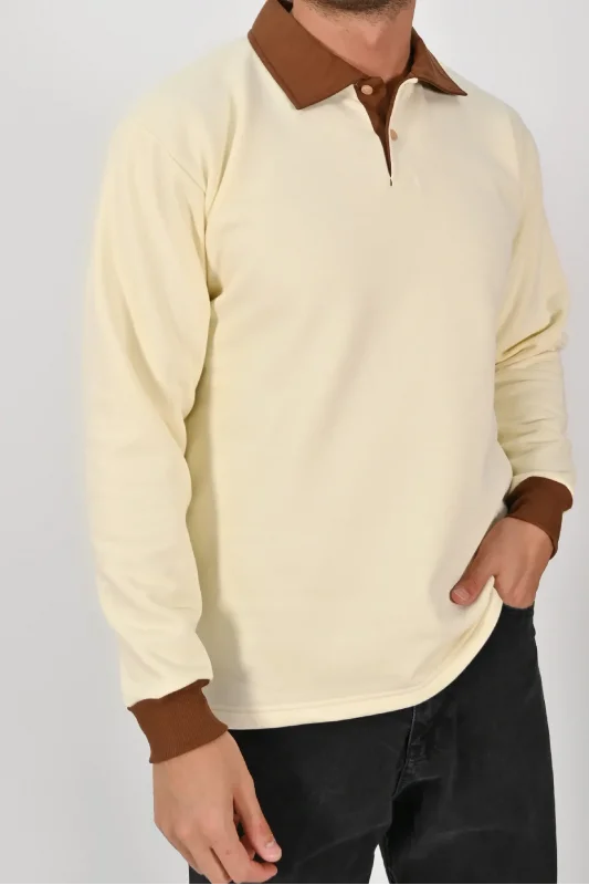 Kışlık Bej Camel Çift Renkli Polo Yaka Sweatshirt Kahverengi Yakalı