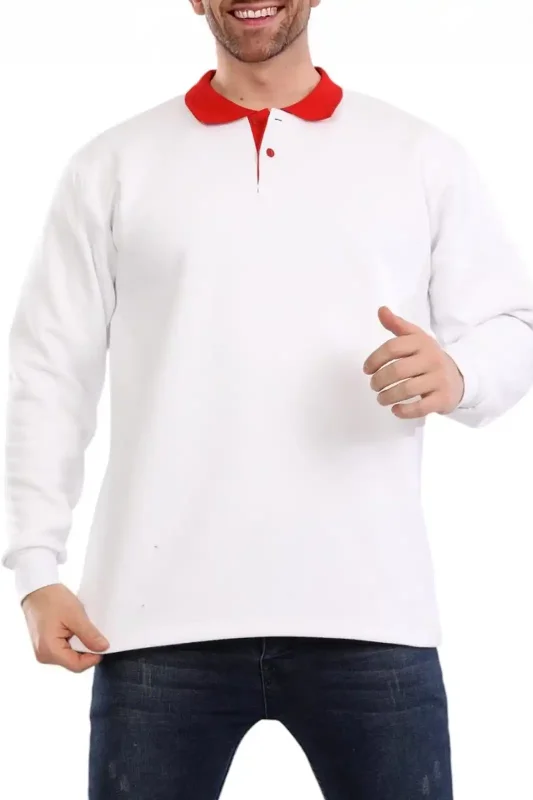 Kışlık Beyaz Çift Renkli Polo Yaka Sweatshirt Kırmızı Yakalı