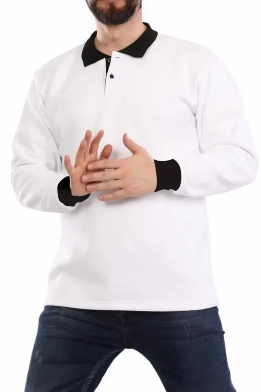Kışlık Beyaz Çift Renkli Polo Yaka Sweatshirt Siyah Yakalı